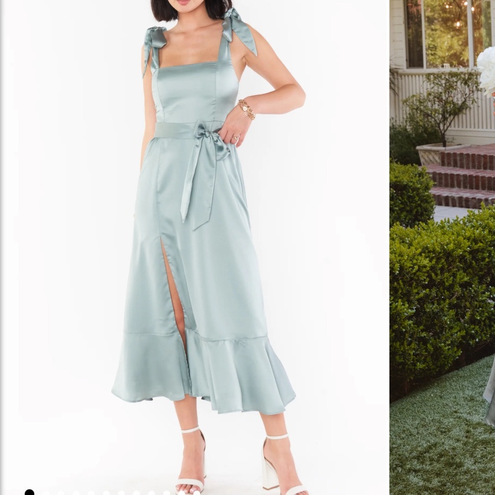Show Me Your Mumu Claire Midi Dress Satin Green Ruffle Dress‎ Bridesmaid NWT M